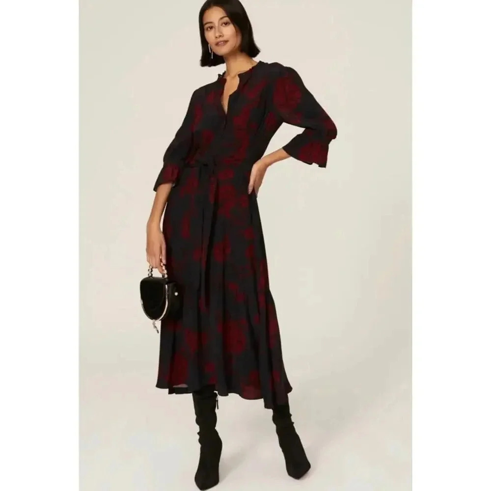 Midi Dress with Red Floral Print on Black